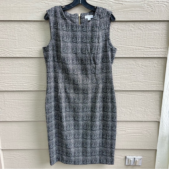 Calvin Klein Dress Sz 12 Black White‎ Plaid Stretch Sheath Dark Academia Career - Picture 3 of 11